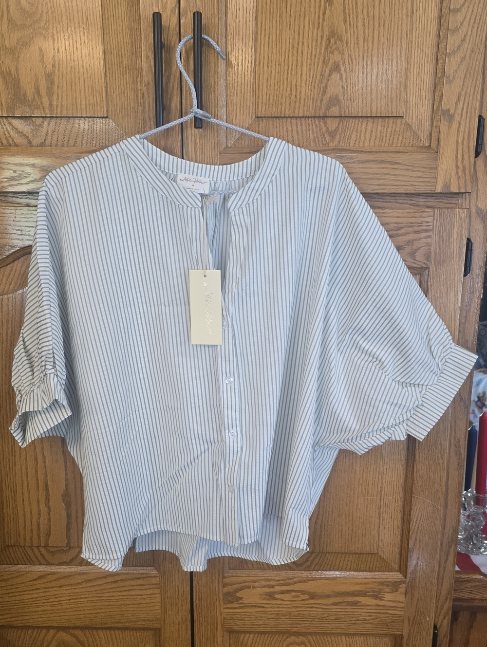 Sage Green And White Pinstriped Searsucker Dolman Women’s Top by Allie Rose